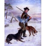 A 19TH CENTURY CONTINENTAL SCHOOL OIL ON CANVAS depicting a hunter and his two dogs, signed F.