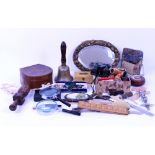 A BOX OF MISCELLANEOUS ITEMS to include a horseshoe shaped collar box, a pair of opera glasses,