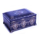 A VICTORIAN BLACK LACQUERED PAPER MACHE AND MOTHER OF PEARL INLAID SEWING BOX with four turned