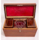 A 19TH CENTURY ROSEWOOD TEA CADDY the dome top with lozenge shaped bone escutcheon with fitted