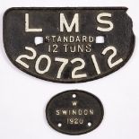 AN LMS CAST IRON WAGON PLATE NO. 207212 28.5cm wide x 16.5cm high together with a small oval cast