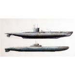 FOUR FRAMED GOUACHE PAINTINGS of submarines to include Netherlands Walrus, Japanese Uzushio, Chinese
