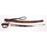 A 19TH CENTURY CAVALRY SABRE in leather scabbard 95cm long overall including the scabbard