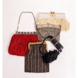 FIVE VINTAGE EVENING BAGS to include a gilt metal and beadwork example, sequined white metal mesh