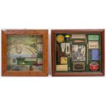 TWO DISPLAY CASES each mounted with fishing ephemera including tins, floats, lures, advertising