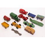 A GROUP OF VARIOUS DINKY DIE CAST VEHICLES to include a green lorry with black chassis, racing cars,