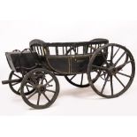 A 19TH CENTURY GREEN PAINTED CHILD'S FOUR WHEEL CARRIAGE with sprung chassis and spoke wheels, the