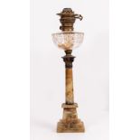 AN OLD OIL LAMP with cut glass reservoir and alabaster base 60cm high