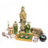 A MIXED LOT TO INCLUDE A Chinese soapstone figure of Guan Yin, 30cm high; a soapstone carved