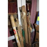 A COLLECTION OF VARIOUS FISHING RODS together with nets, a gaff etc., Hardy and other makers