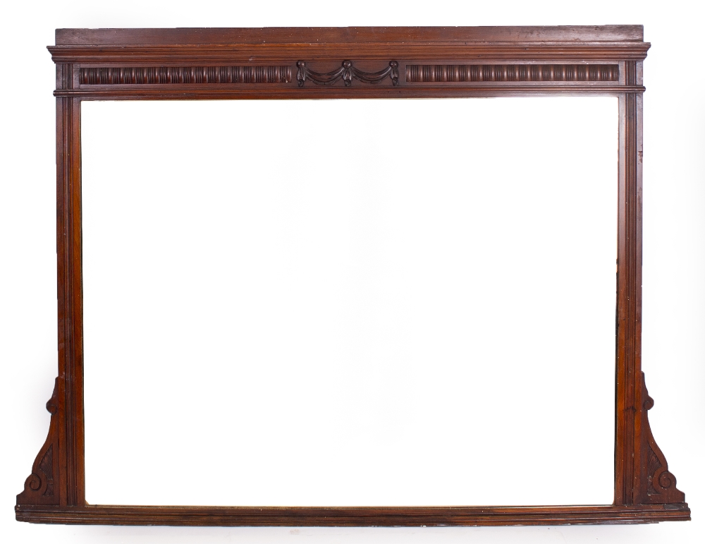 A VICTORIAN MAHOGANY FRAMED OVERMANTLE MIRROR 139cm wide x 103cm high