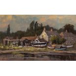 JOHN NEALE (LATE 20TH CENTURY ENGLISH SCHOOL) Boats and reflections, Pin Mill, oil on board,