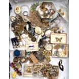 A TRAY OF COSTUME JEWELLERY to include brooches, necklace chains, pendants, tapestry set