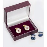 A PAIR OF HARDSTONE SET WHITE METAL CUFFLINKS and a further pair of decorative cufflinks