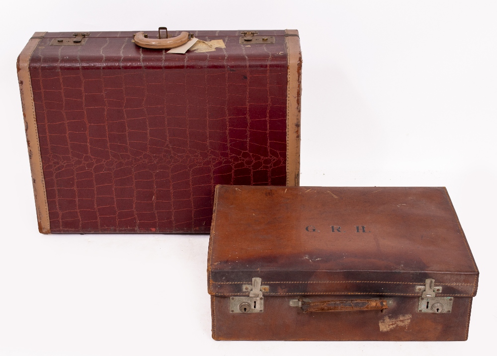 AN EARLY 20TH CENTURY FAUX CROCODILE SKIN TRAVELLING CASE 61cm wide together with an antique brown