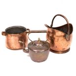 A COPPER COAL SCUTTLE, copper kettle, pine dish rack with spindle front and one other copper