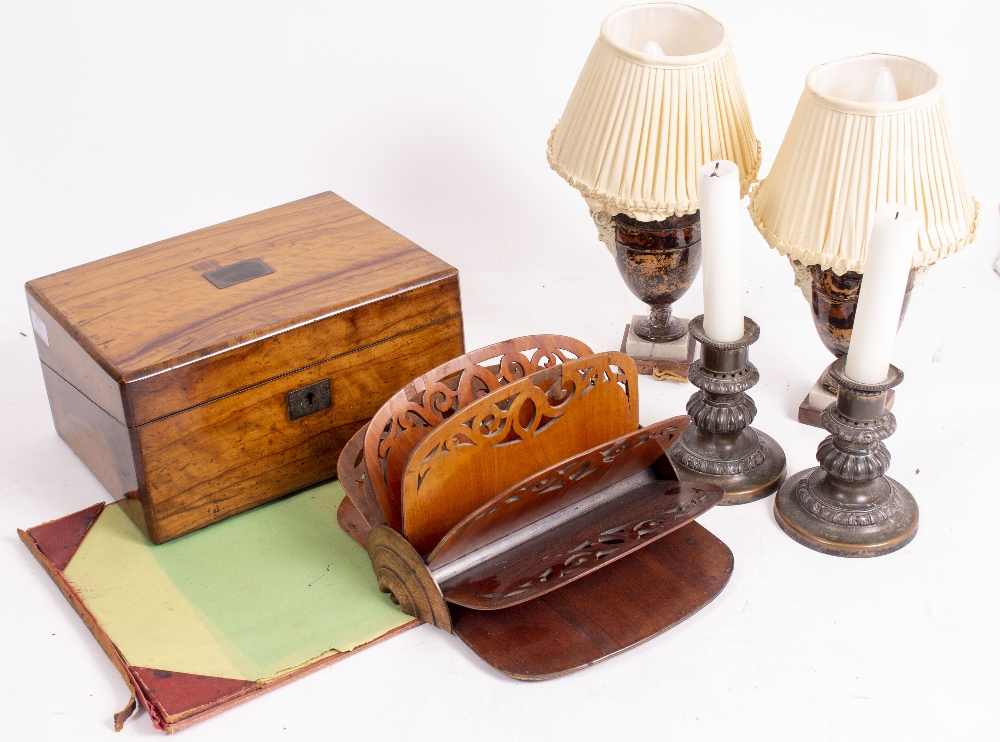 A WOODEN CORRESPONDENCE HOLDER with pierced decoration together with a desk blotter, a Victorian