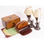 A WOODEN CORRESPONDENCE HOLDER with pierced decoration together with a desk blotter, a Victorian