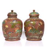 A pair of Chinese Xin stone ware vases and covers 19th Century each decorated with kingfisher in