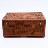 A Chinese hard wood casket circa 1900/1920 with landscape scene and figures, 26.75cm across