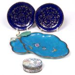 A pair of Chinese blue enamel saucer dishes 19th Century, Qianlong seal marks, with gilt foliate