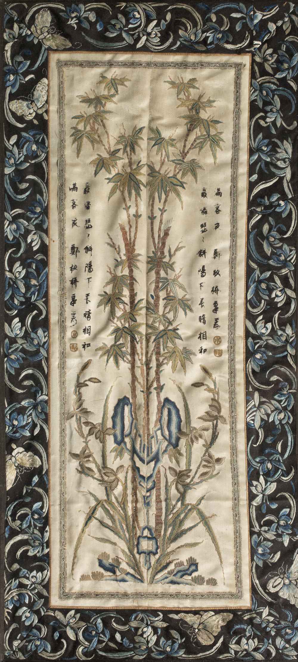 Three Chinese textile panels 19th Century to include a study of bamboo, inscription to either