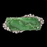 A Chinese jade and diamond panel brooch the rectangular jade panel pierced and carved with two cat