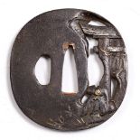 A Japanese iron tsuba sad priest in front of Torii Gate, 7.3cm