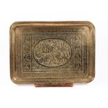 A Qajar engraved rectangular brass tray (Qalamzani) with central medallion depicting a battle