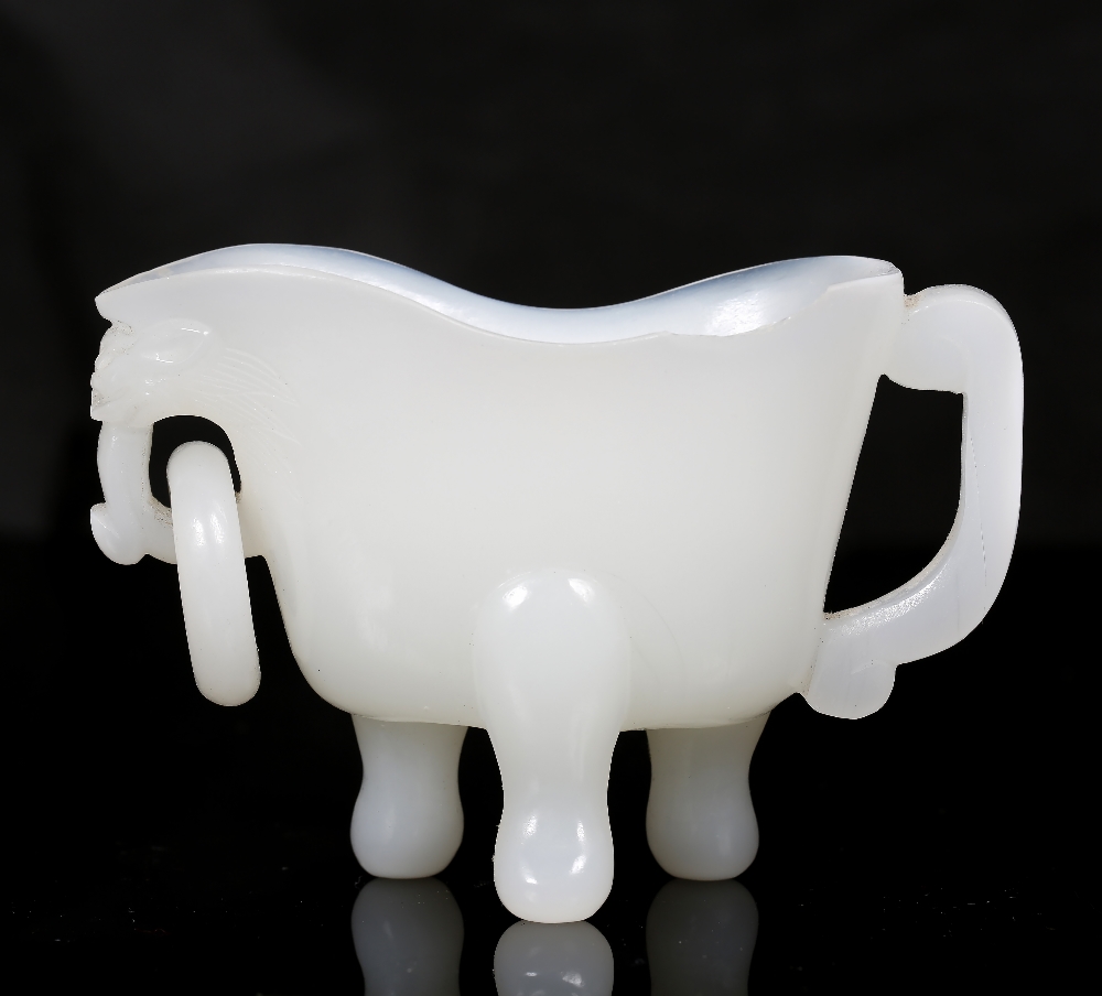 A Beijing opaline white glass libation cup 19th Century the flattened body on tripod feet with - Image 3 of 4