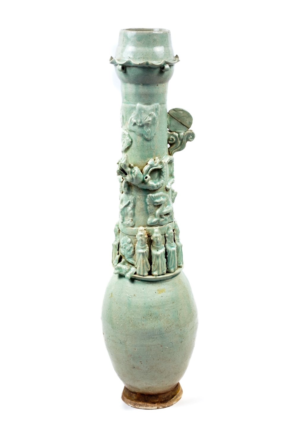 A Chinese celadon tall funerary vase Song dynasty with dragons and figures around the body of the