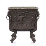 A Japanese bronze censer base Meiji period with four panels of cardinal directions and seasons, with