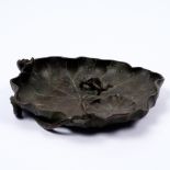 A Japanese verdigris bronze dish Meiji period in the form of a lily pad and frog, signed, 14.5cm