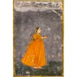 A Persian miniature 18th century A woman in traditional orange dress, gouache on paper, 19cm x 13cm