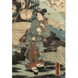 Utagawa Kunisada (1823-1880) Beside a well, 37cm x 23cm and one other Japanese woodcut depicting a