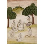 A Persian miniature 18th/19th century Men sitting in temple grounds, gouache on paper finished