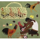 Chinese Communist school study of a figure feeding chickens, gouache, 35cm x 38cm