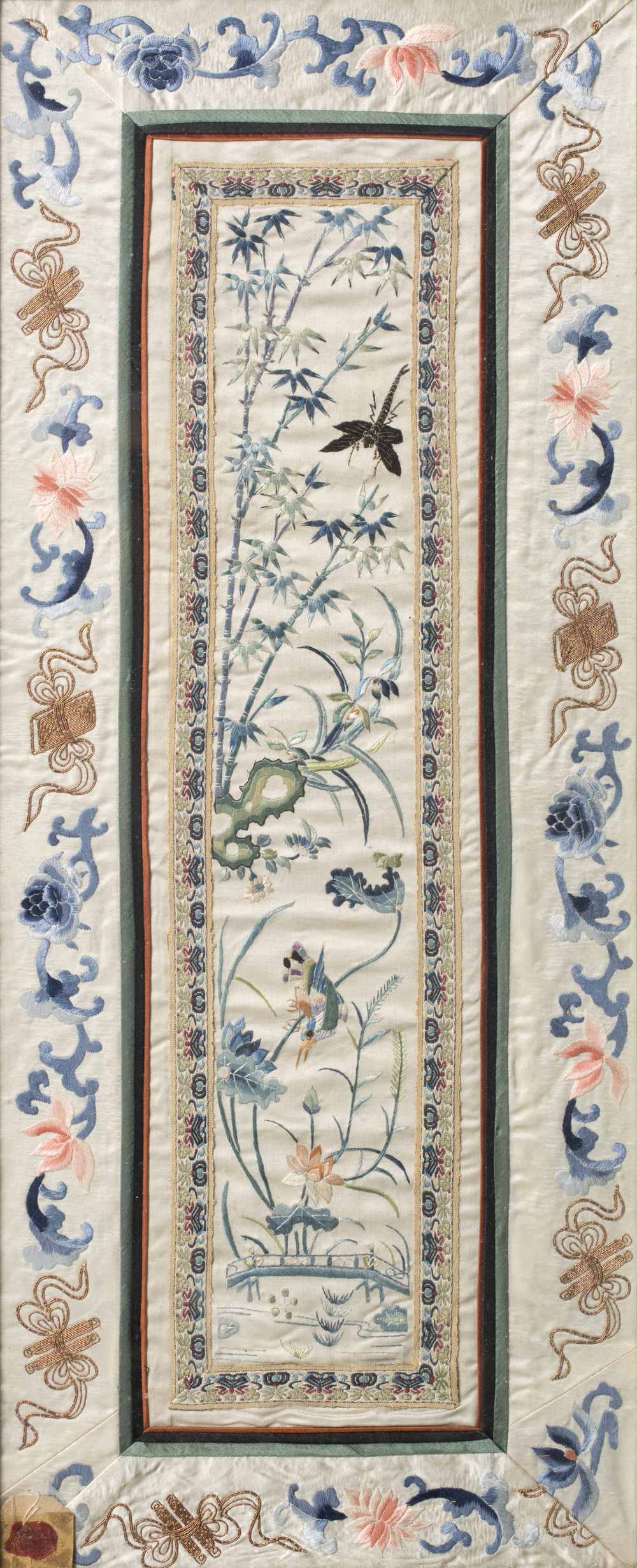 Three Chinese textile panels 19th Century to include a study of bamboo, inscription to either - Image 2 of 3