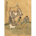 Chinese school early 20th Century a study of Hotei, watercolour on silk, inscribed and with red