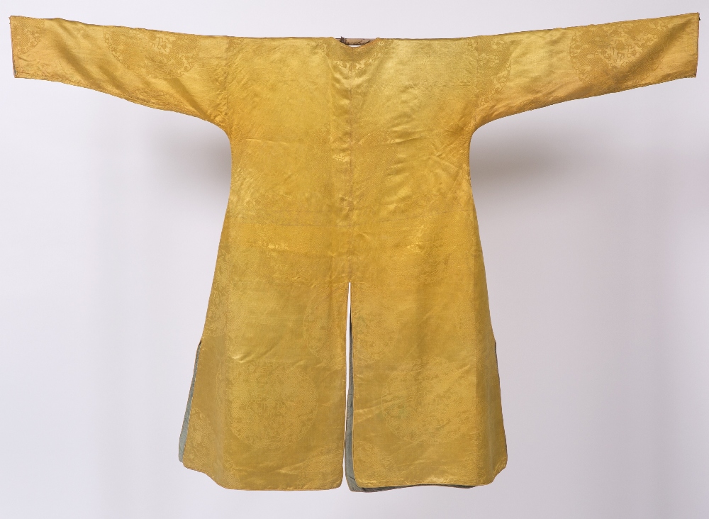 A Tibetan lama's robe circa 1800 yellow silk damask with roundels having five clawed dragons chasing - Image 2 of 2