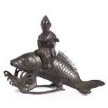 A Japanese bronze censer Meiji period in the form of a carp, the cover a sage, 19cm long