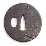 A Japanese iron tsuba boat and bird, 6.7cm