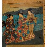 Two Japanese prints each depicting three Geisha by the sea, possibly an extract from a book, ink