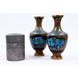 A Chinese pewter tea caddy circa 1900 14cm and a pair of Chinese polychrome cloisonne vases 24cm