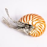 A Chinese white metal Nautilus with shell, 17cm