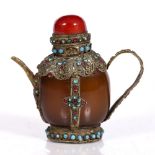 A Chinese brown amber snuff bottle, 19th Century, mounted in Mongolian style as a kettle