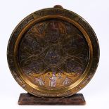 A Cairoware inlaid brass tray circa 1940 decorated with hieroglyphics, 34cm