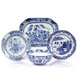 A Chinese blue and white export dish 31cm, a 19th Century Chinese blue and white cracked-ice bowl,