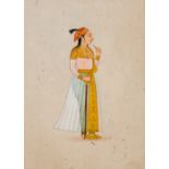 An Indian gouache miniature painted with a girl holding a cane, 18cm x 13.5cm; and one other