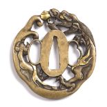 A Japanese bronze tsuba dragon and pearls, 7.5cm